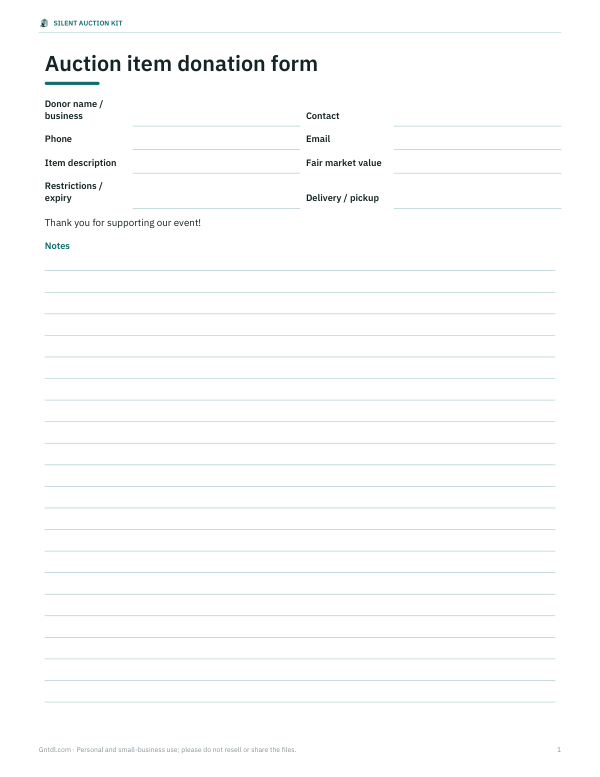 Preview of Printable Auction Donation Form