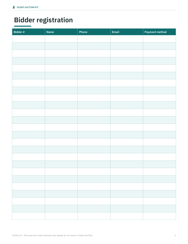 Preview of Silent Auction Bidder Registration Sheet